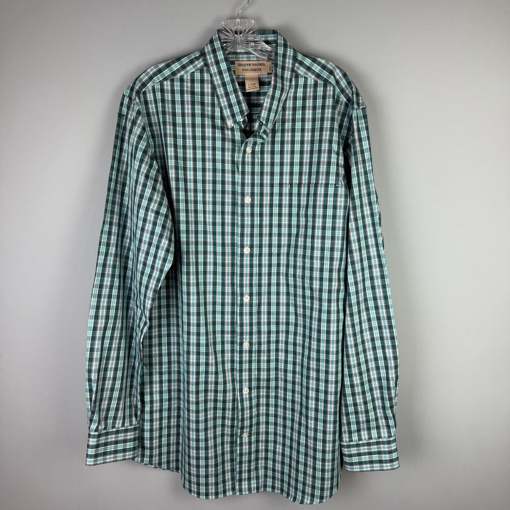 Duluth Trading Wrinkle Fighter Trim Fit Plaid Shirt Men's Large Tall 100% Cotton